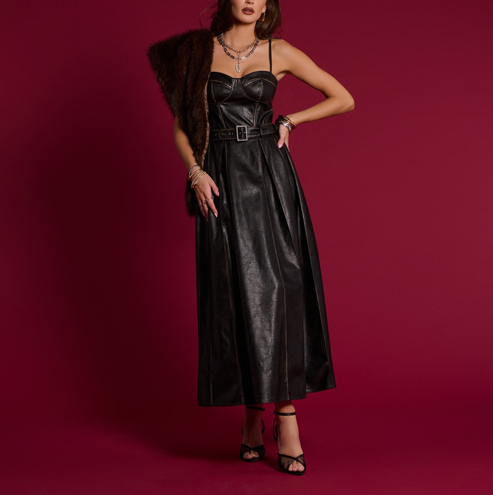 N.Y Vibe深咖啡色結構馬甲 Vegan皮革洋裝