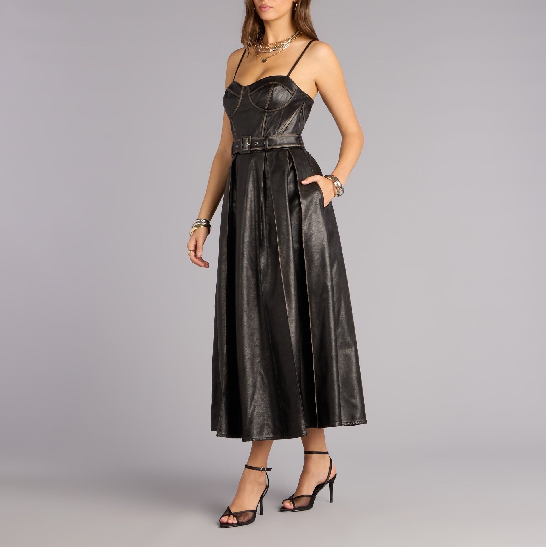 N.Y Vibe深咖啡色結構馬甲 Vegan皮革洋裝