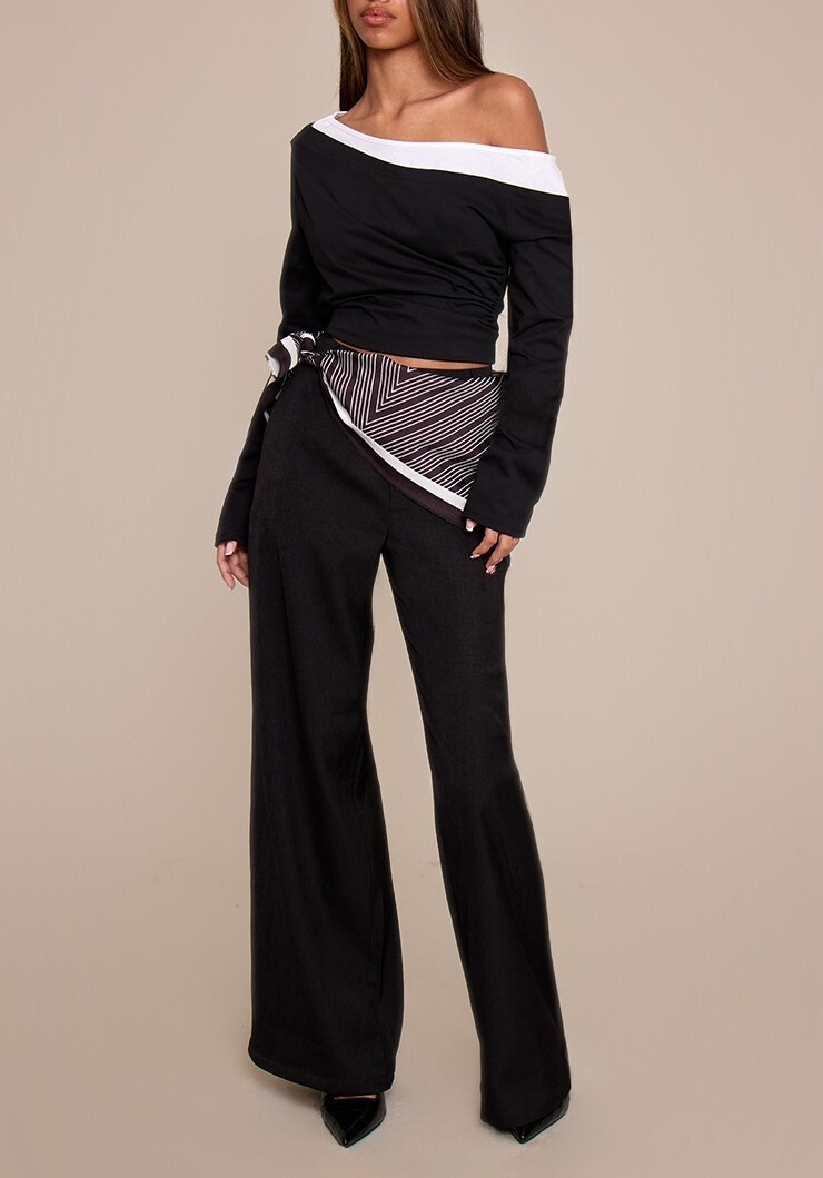 Scarf Love黑色印花綁腰絲巾長寬褲