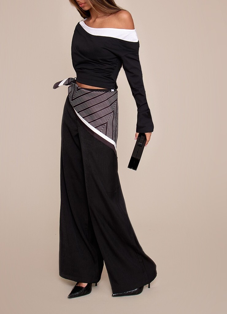 Scarf Love黑色印花綁腰絲巾長寬褲