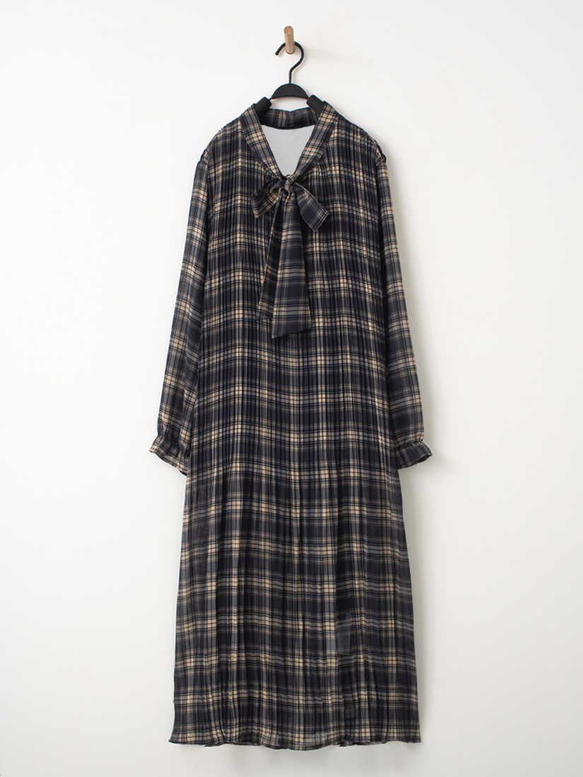 壓褶格紋雪紡綁帶長洋裝