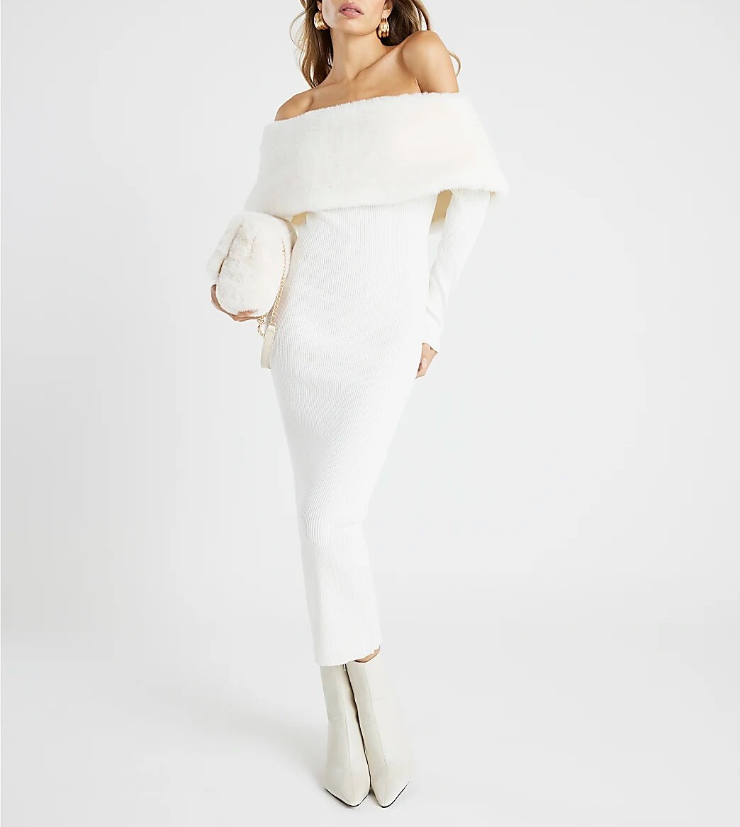 Lux Bardot白色Vegan皮草露肩翻領Midi Dress