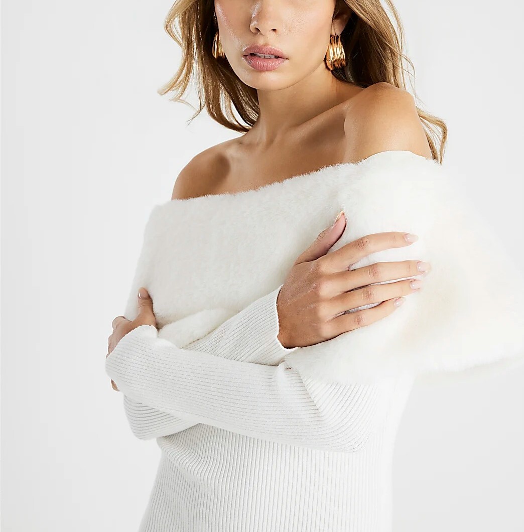 Lux Bardot白色Vegan皮草露肩翻領Midi Dress