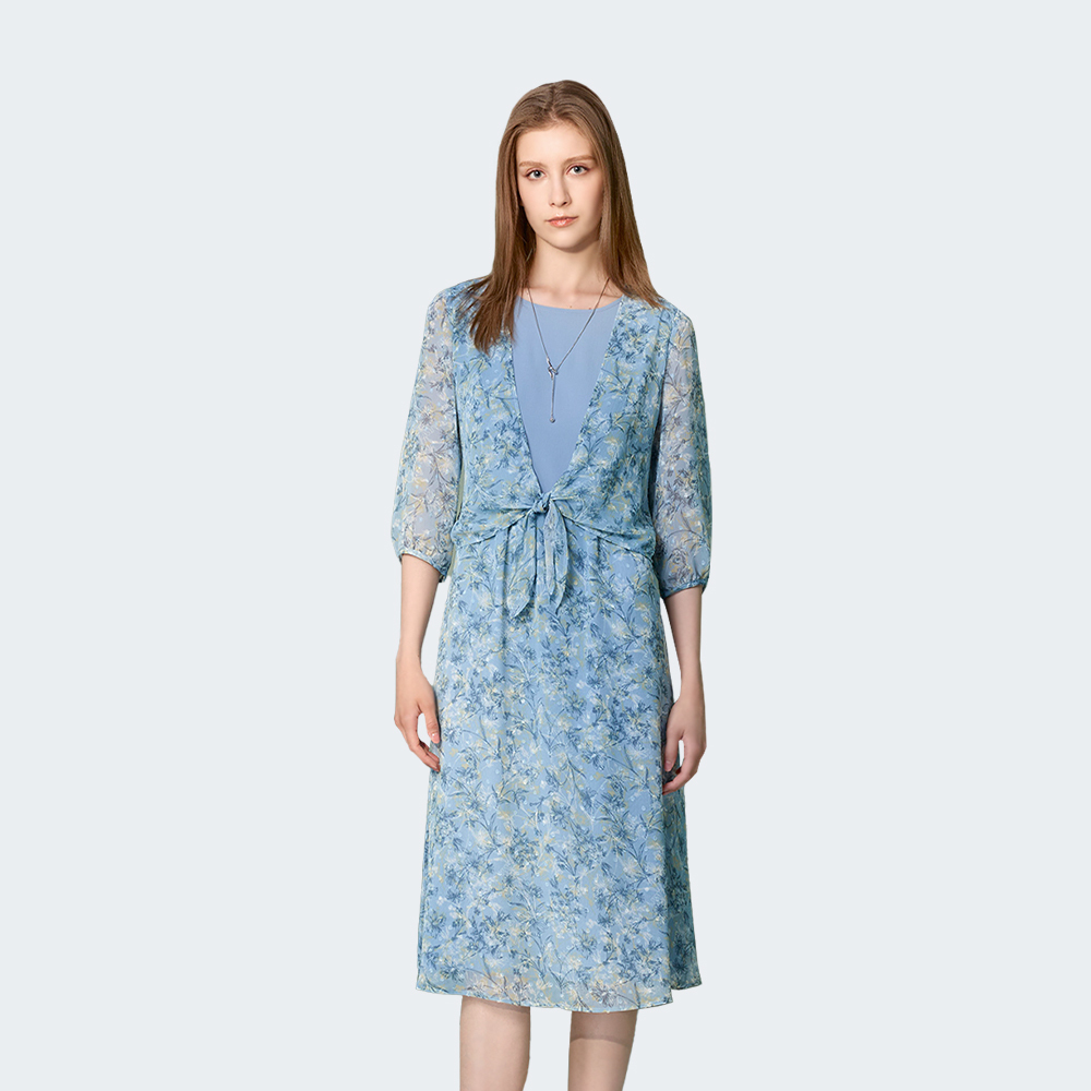 霧藍花影雪紡洋裝