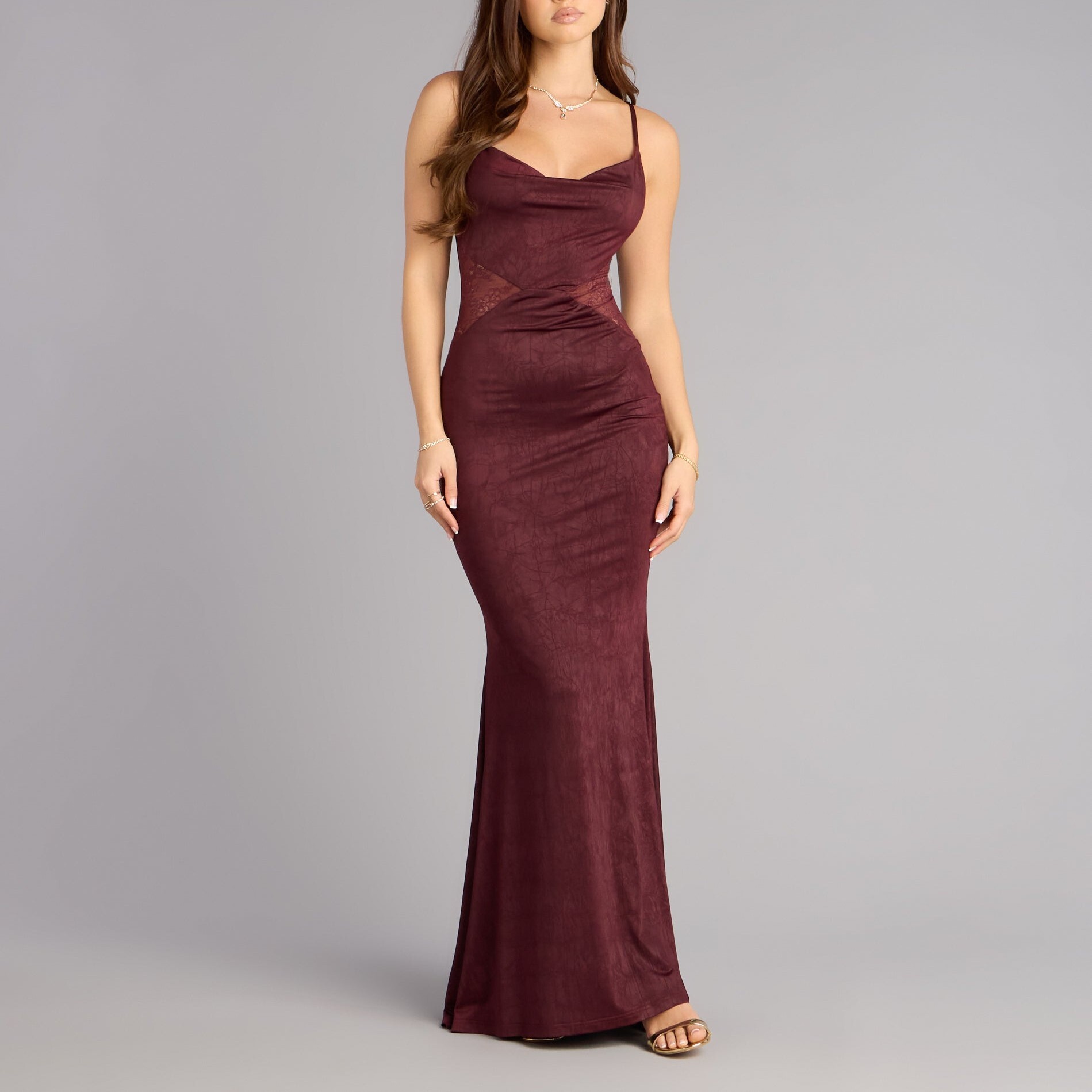 Burgundy深酒紅色霧針織絲面Lace 魚尾長禮服