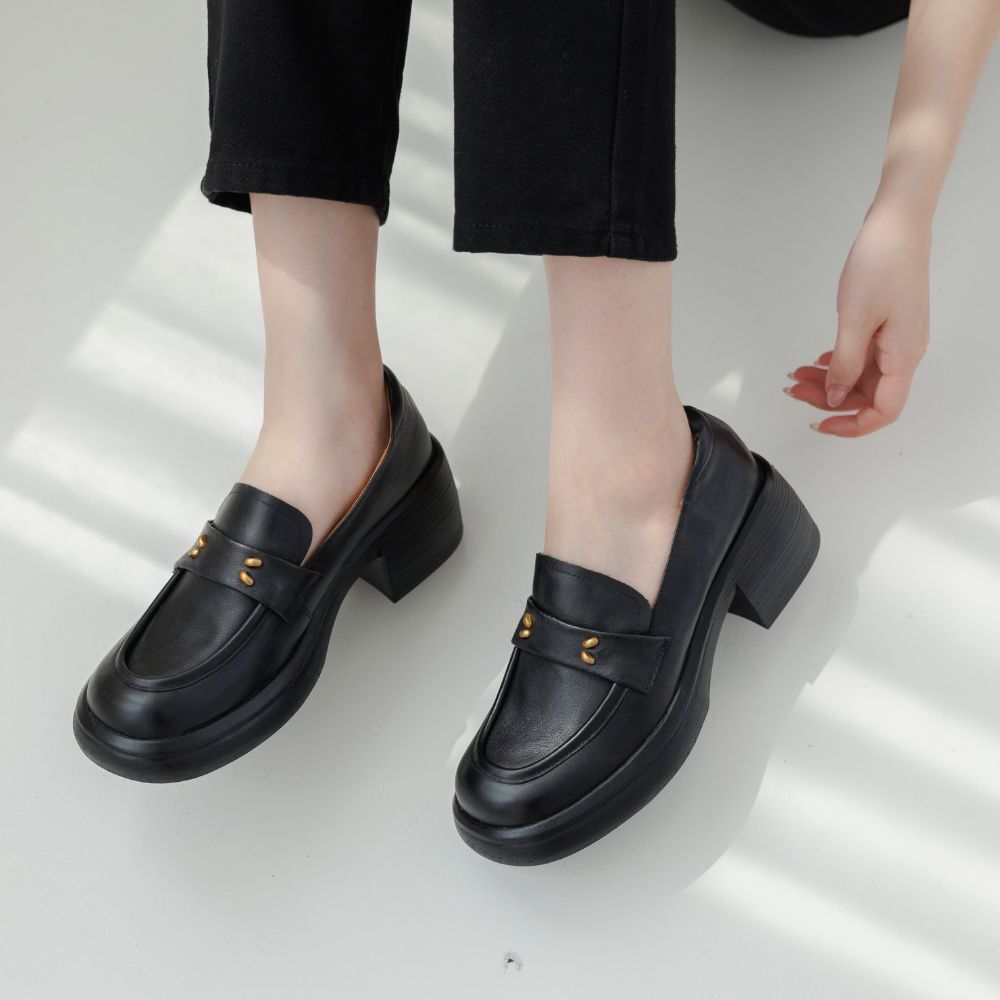 現貨 棕36 簡約金粒厚底樂福鞋