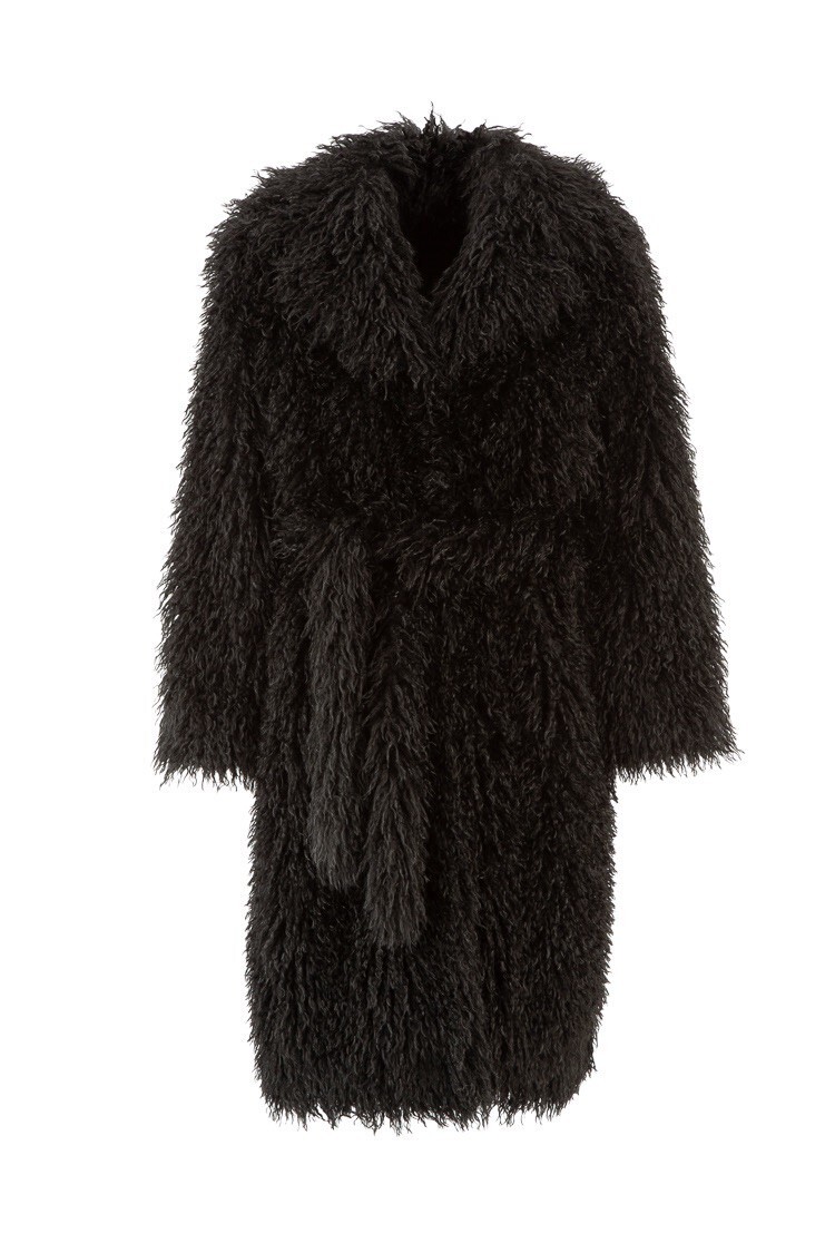 Italy Love義大利黑色長毛Vegan皮草內麂皮腰帶長大衣