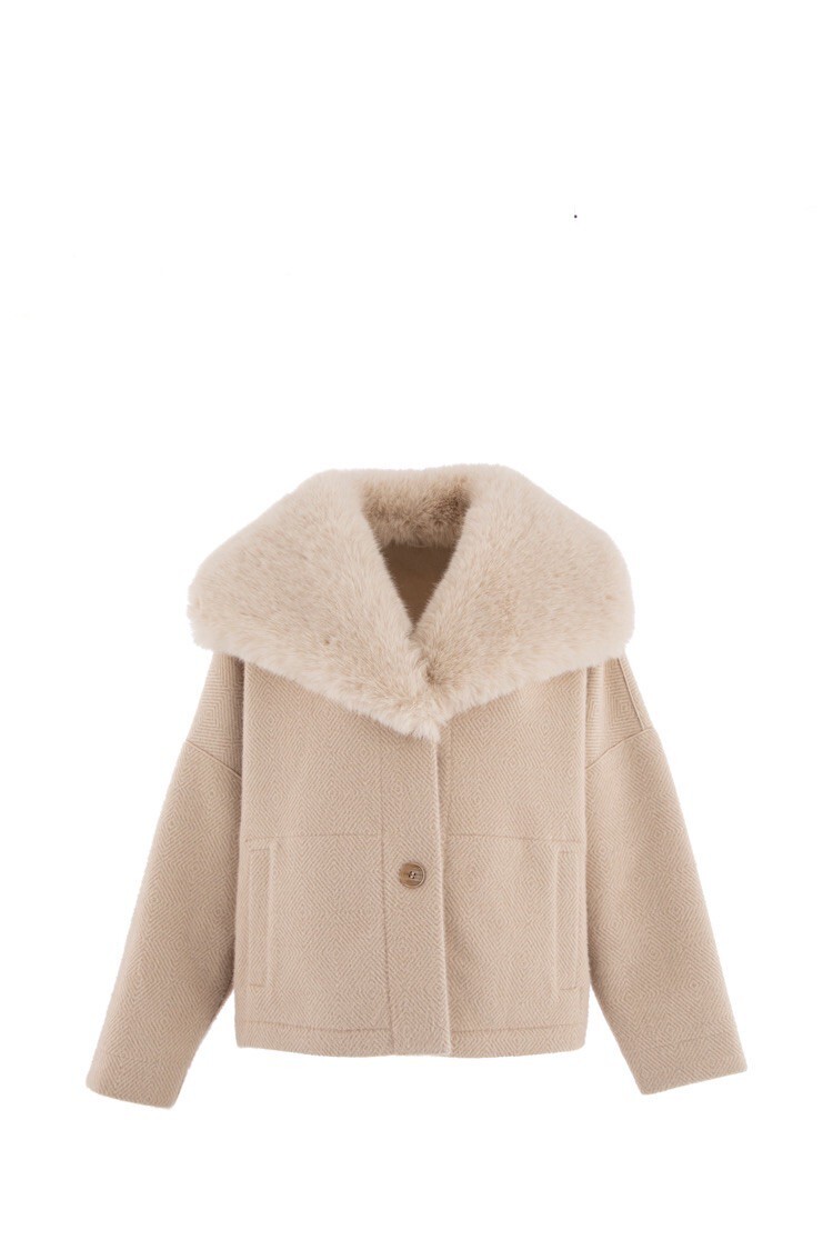 Italy Love義大利奶油色菱形紋麂皮毛料雙面穿Vegan皮草領短大衣