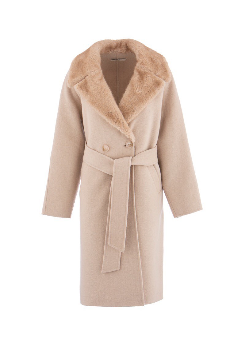Italy Love義大利奶茶米色Vegan皮草綁帶羊毛長大衣