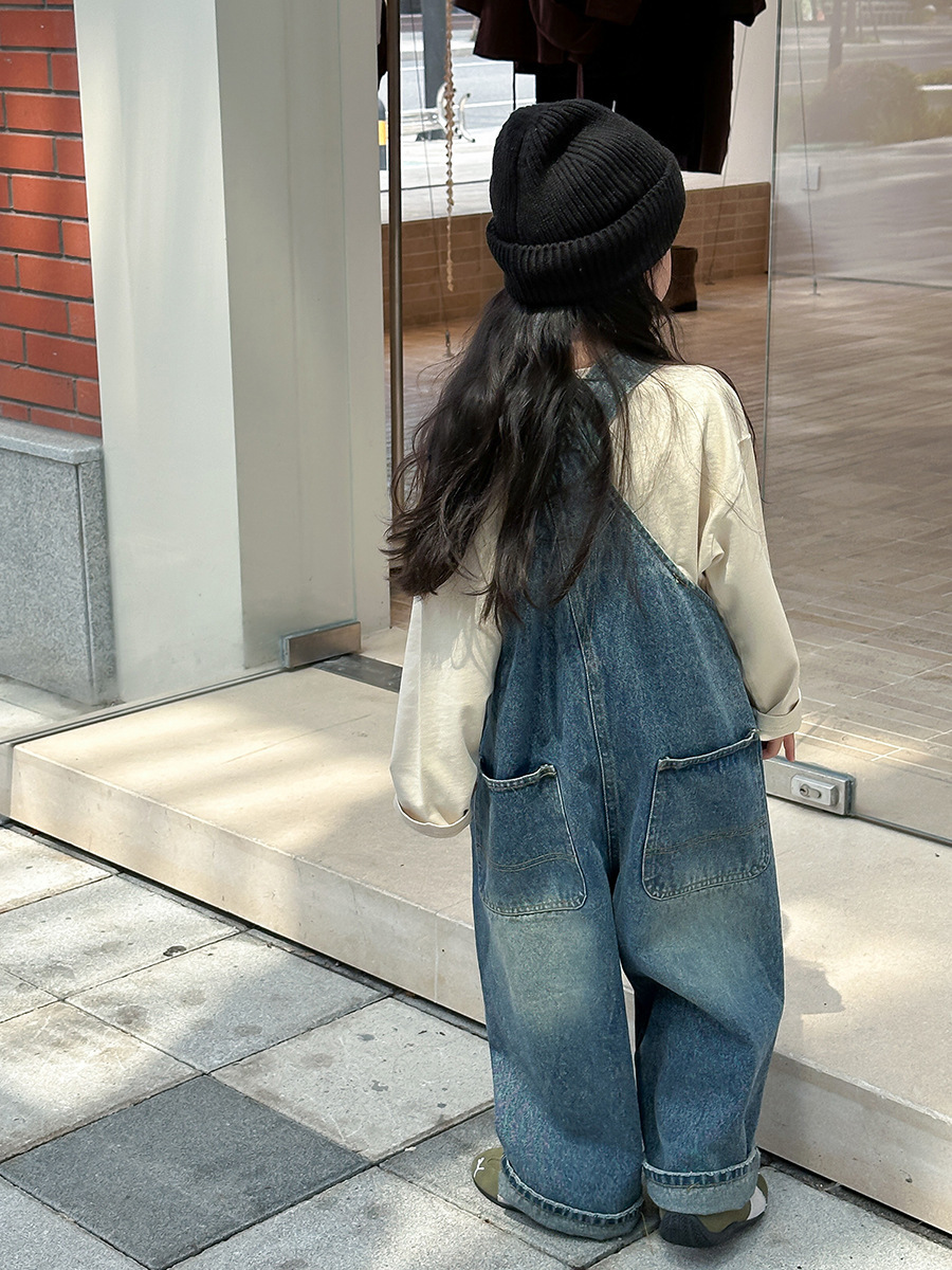 設計感復古磨白牛仔吊帶褲(90-170)