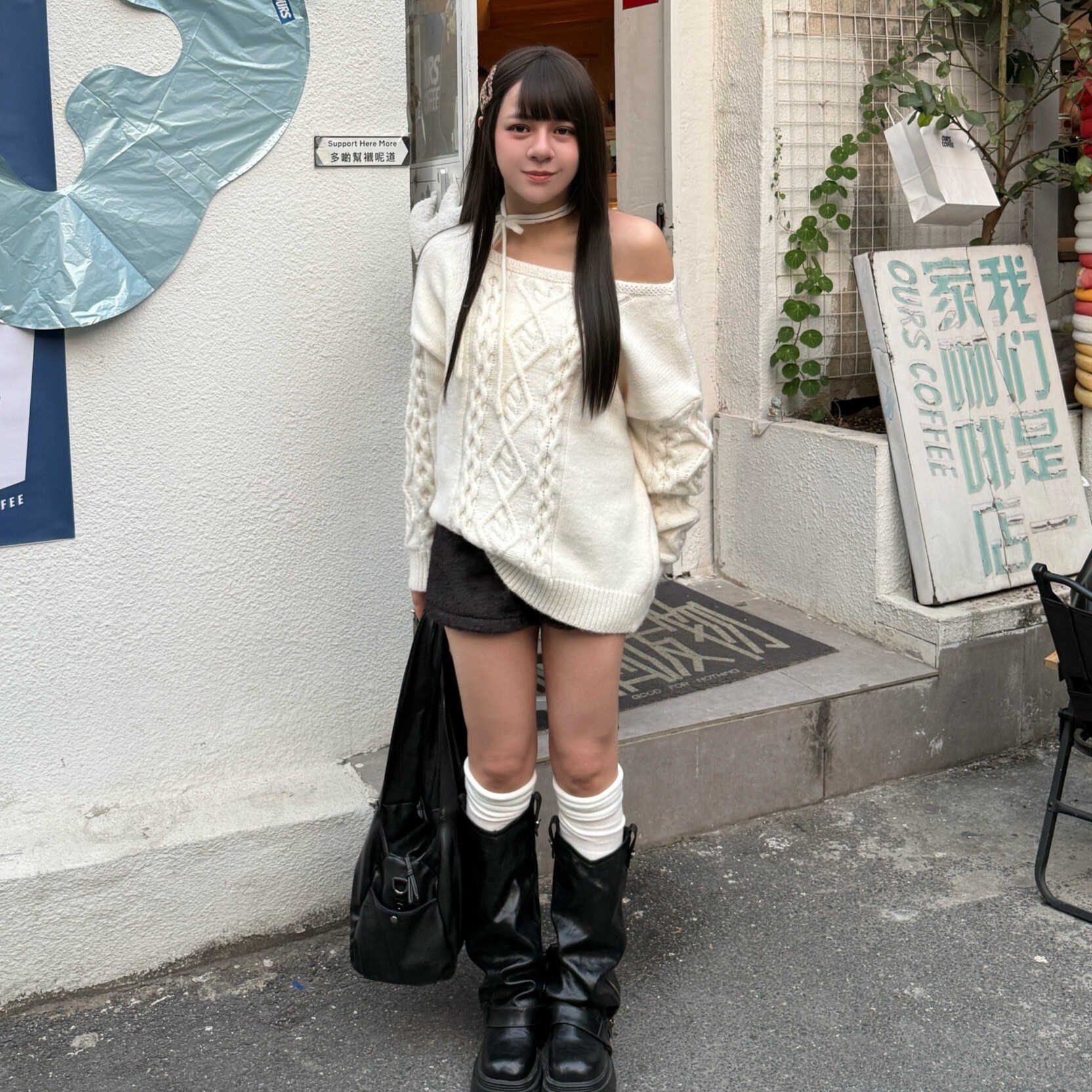 花敘帷幕 不規則麻花繞脖斜肩毛衣