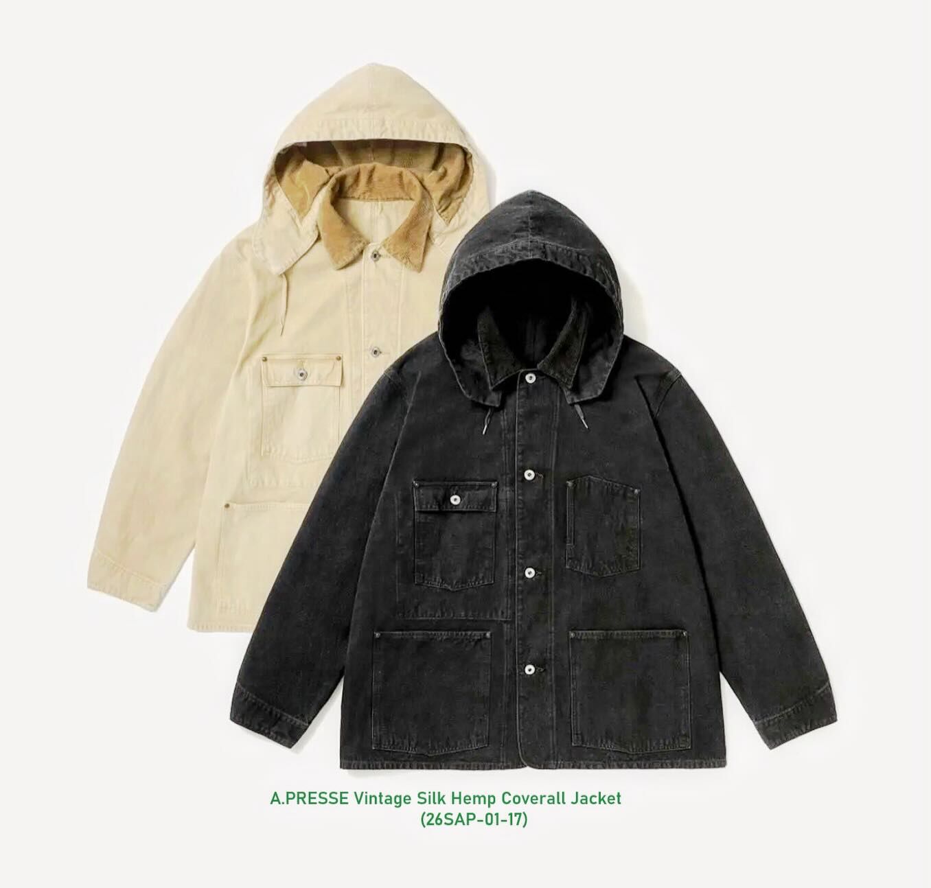 1/24 RELEASE: A.PRESSE 2026 VINTAGE SILK HEMP COVERALL JACKET (26SAP-01-17) - PRE ORDER ITEM (預訂中)