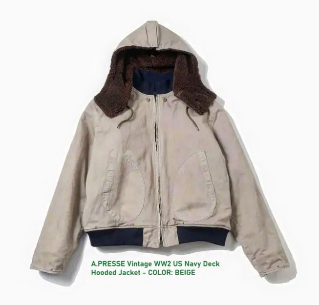 1/24 RELEASE: A.PRESSE 2026 VINTAGE WW2 US NAVY DECK HOODED JACKET (26SAP-01-54) - BEIGE PRE ORDER ITEM (預訂中)