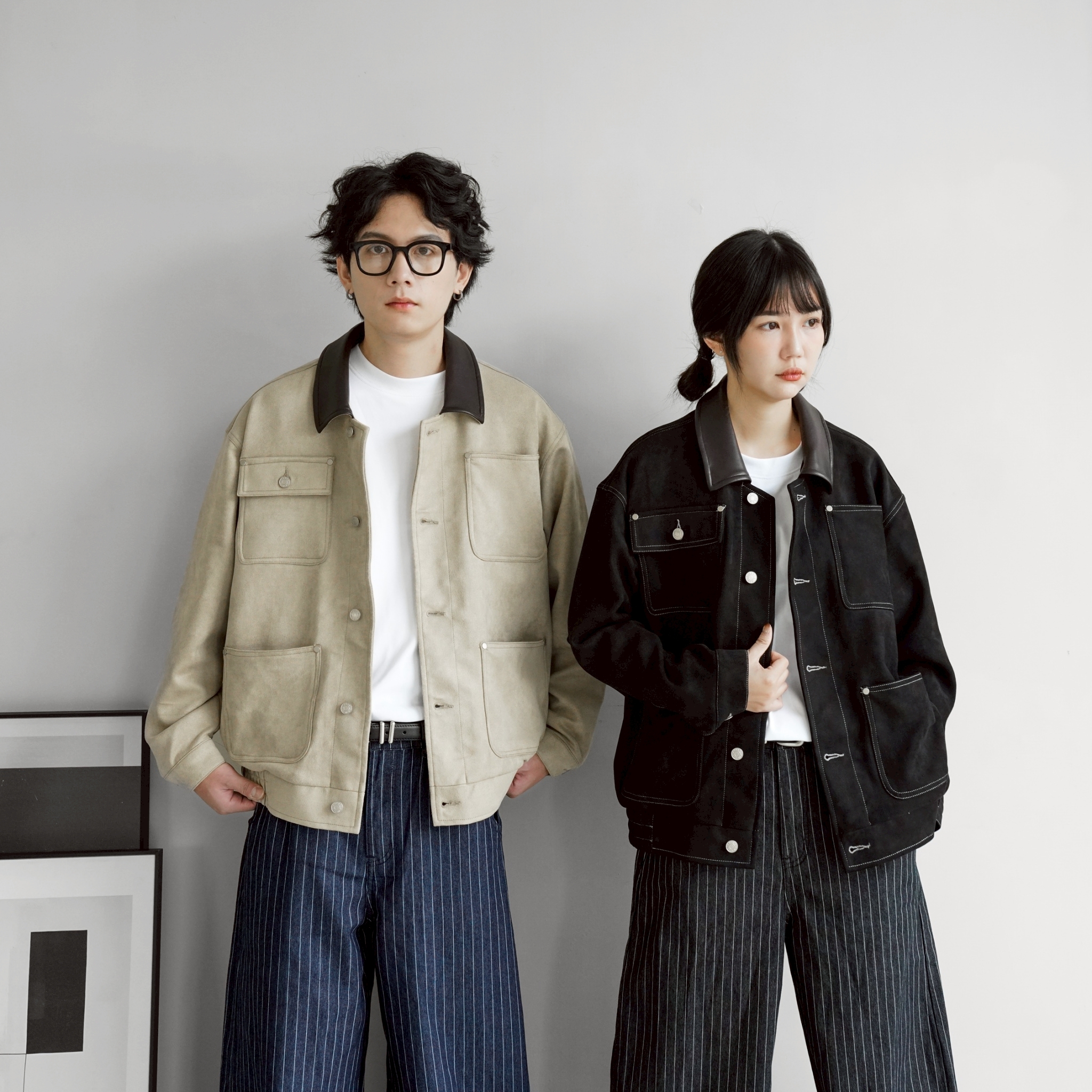 #預購 SBG 彈力麂皮口袋拼接皮領夾克 兩色 V0010