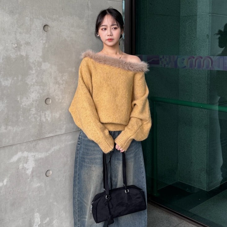 出片搭子📸毛毛一字領拼接毛衣