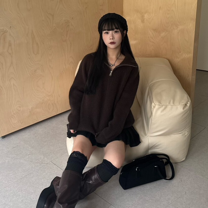 燕麥曲奇 半拉鍊立領粗坑條毛衣