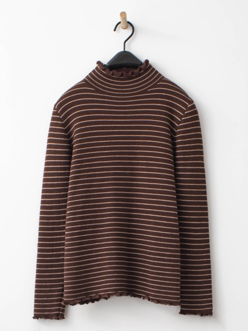 條紋木耳邊半高領加絨針織上衣