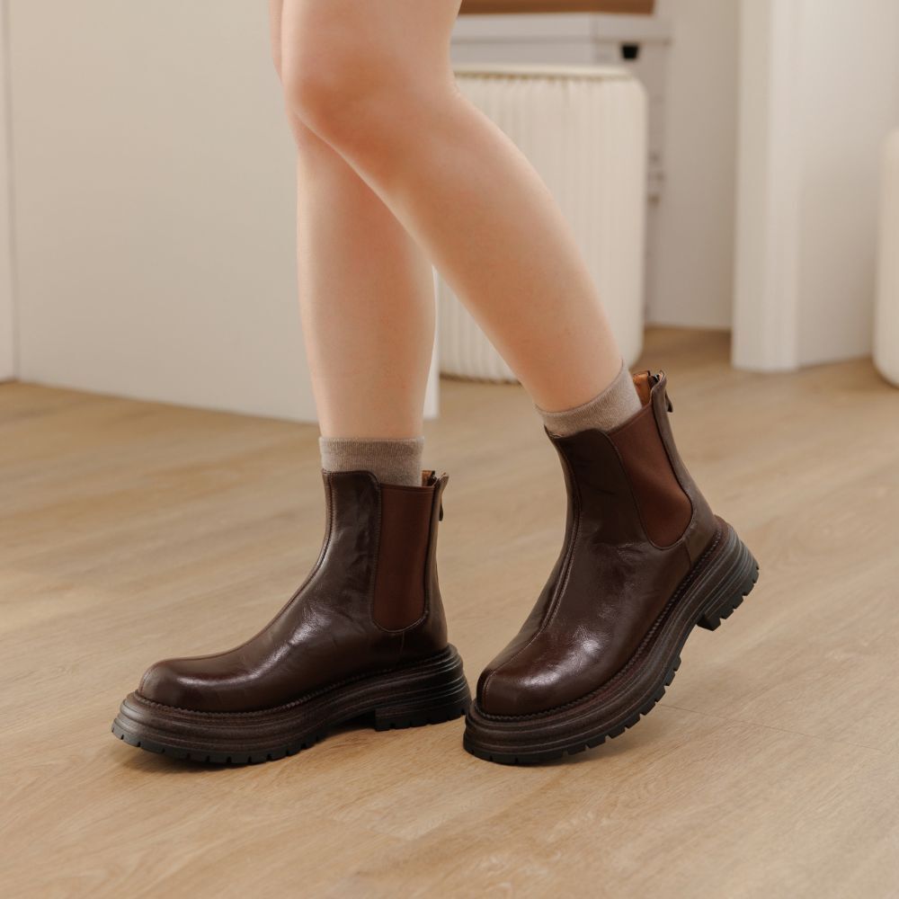 現貨 棕39 圓頭厚底後拉鍊短靴