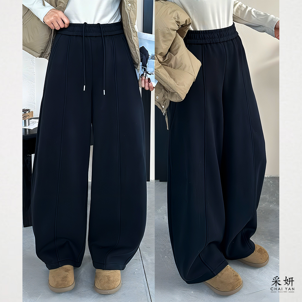 鬆緊腰頭內拉繩刷毛保暖棉褲