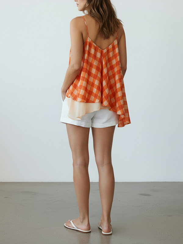 Semicouture 格紋細帶背心(橘紅)