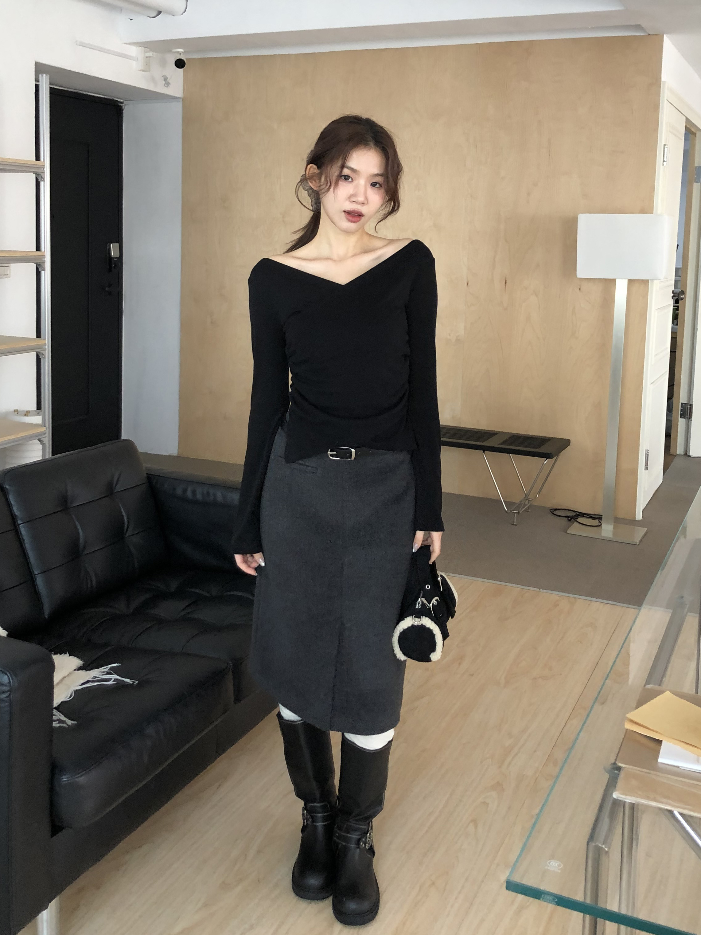 附腰帶呢呢半身裙