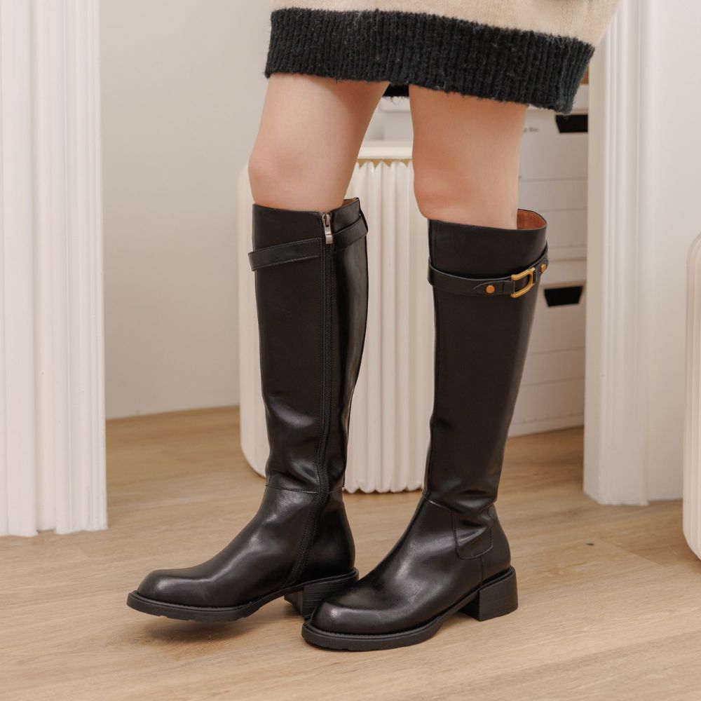 現貨 黑35 時尚側扣真皮長靴