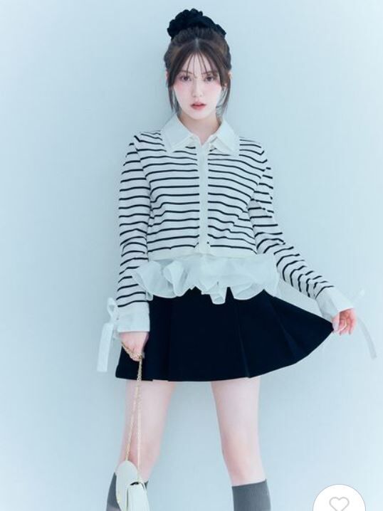 [預購] SNIDEL 襯衫拼接下擺蓬袖針織上衣