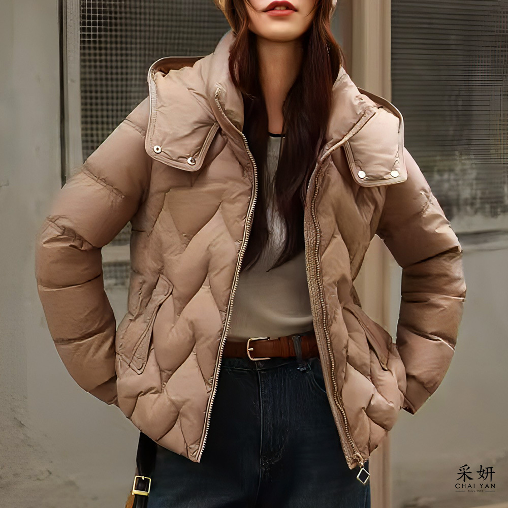 壓紋口袋立領連帽鋪棉外套