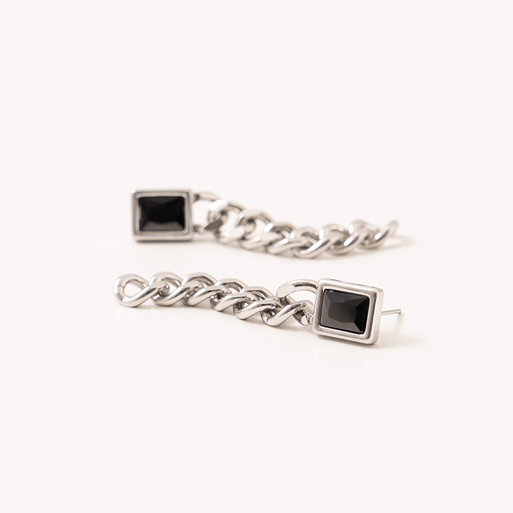 miramira微光｜黑鑽鍊條耳環D1865-銀38055