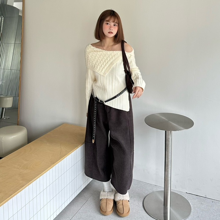 偶然偏cool 寬鬆厚毛呢八分褲