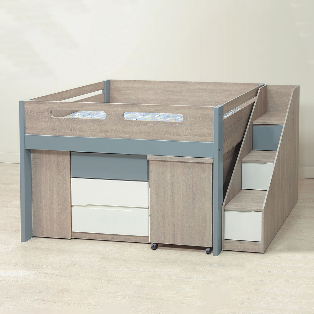 伍迪3.5尺單人多功能高架床/高層床架組-中高款(高115cm-床架+三斗櫃+書桌+三格櫃+收納樓梯櫃)