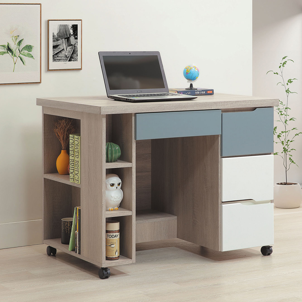 伍迪3.2尺附輪活動式四抽書桌/工作桌