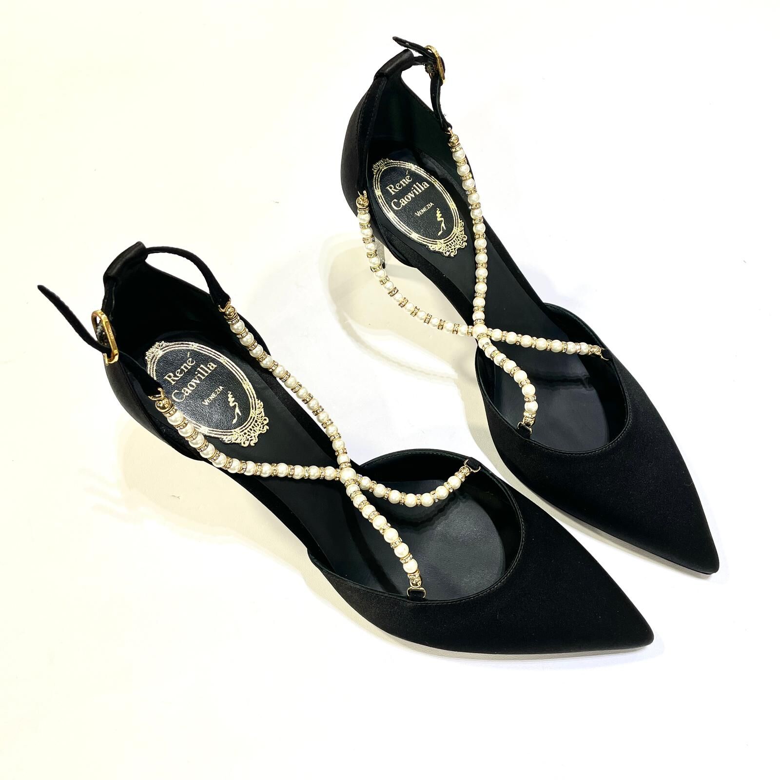 本週出位價❣️全新RENE CAOVILLA高跟鞋 39碼 黑色絲絹珍珠水鑽 #BRAND NEW #香榭站正品