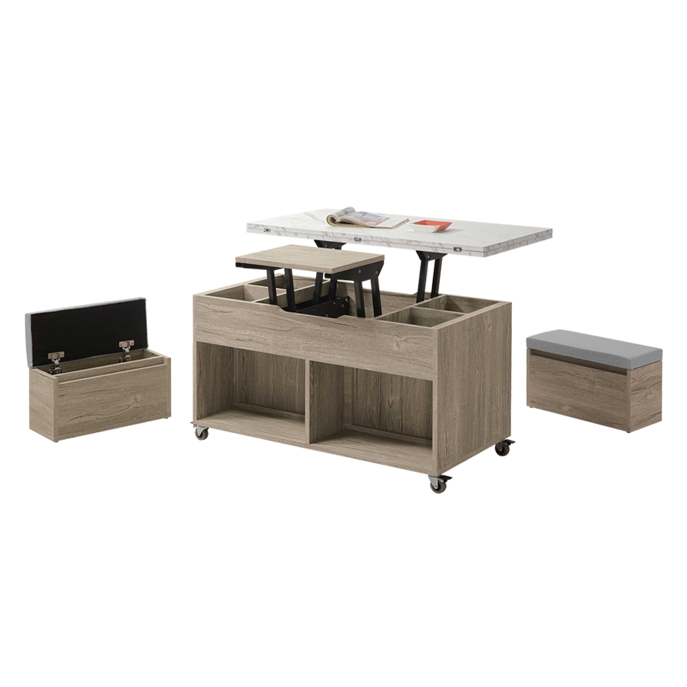 凱德3.3尺附輪活動式升降功能仿石面大茶几/餐桌-折疊大桌面+附收納小椅凳二入