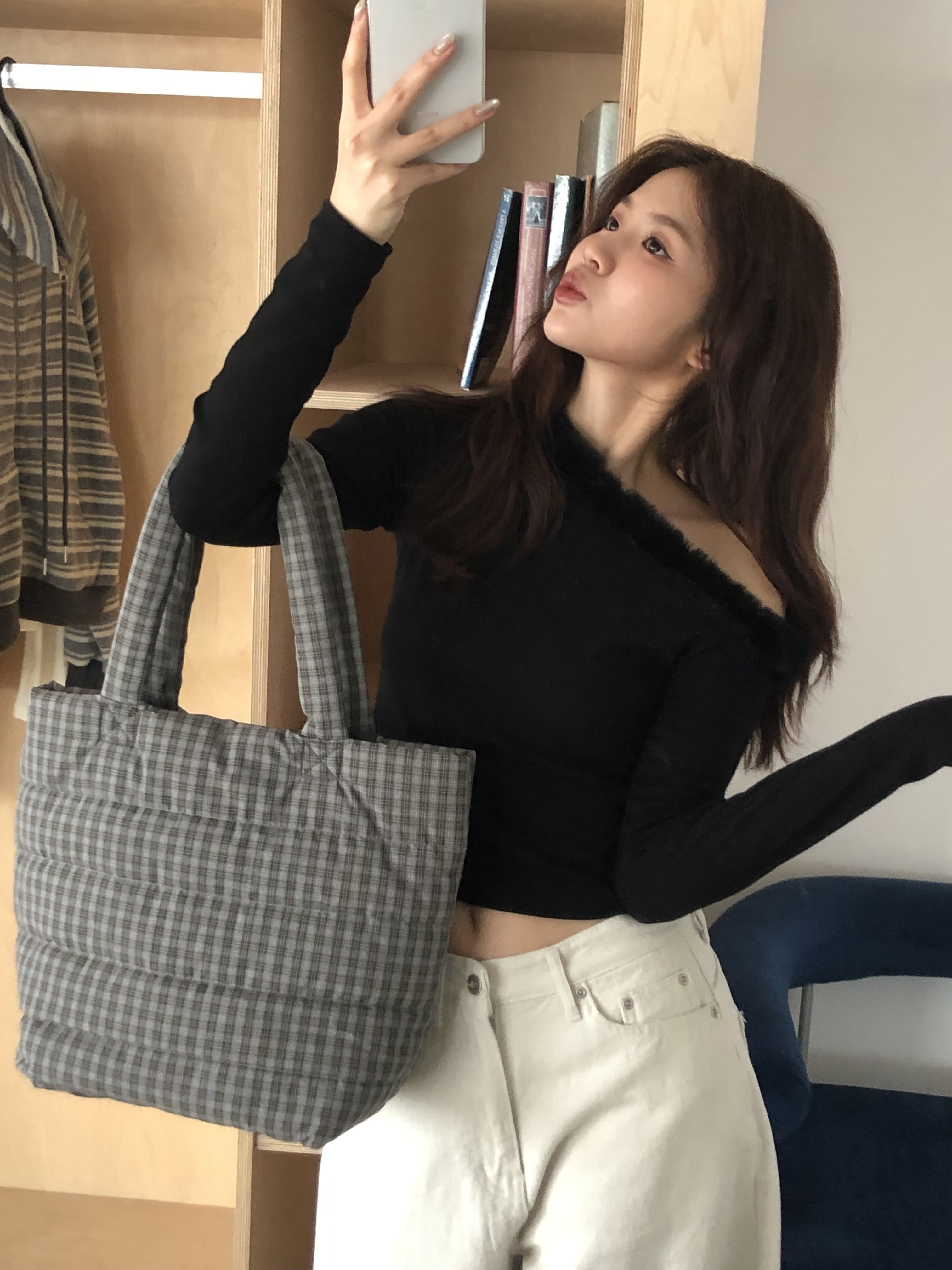 棉霧格紋托特包