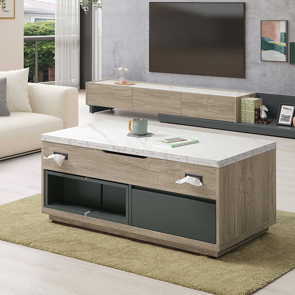 凱德4尺多功能升降仿石面大茶几/餐桌-折疊大桌面+附小椅凳四入