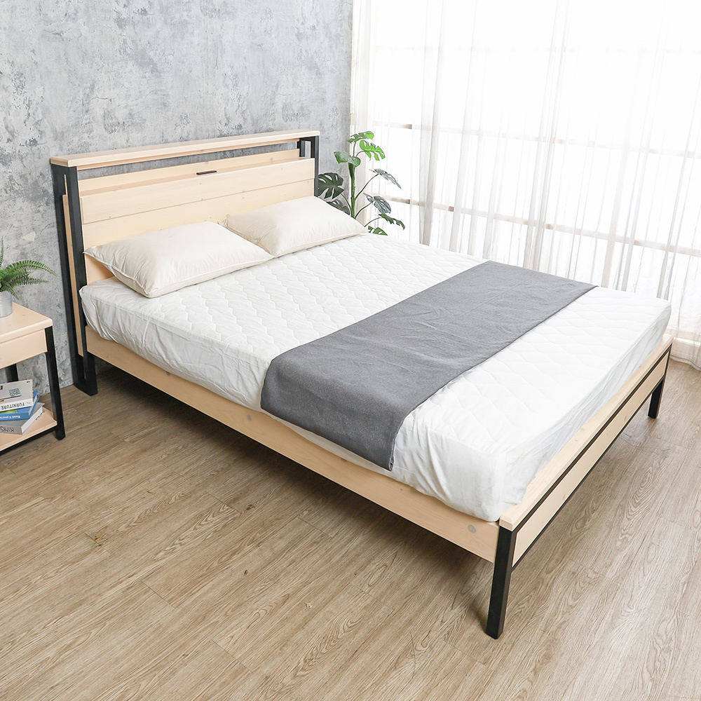 麥斯工業風實木床架/床組-置物型床頭片&附插座