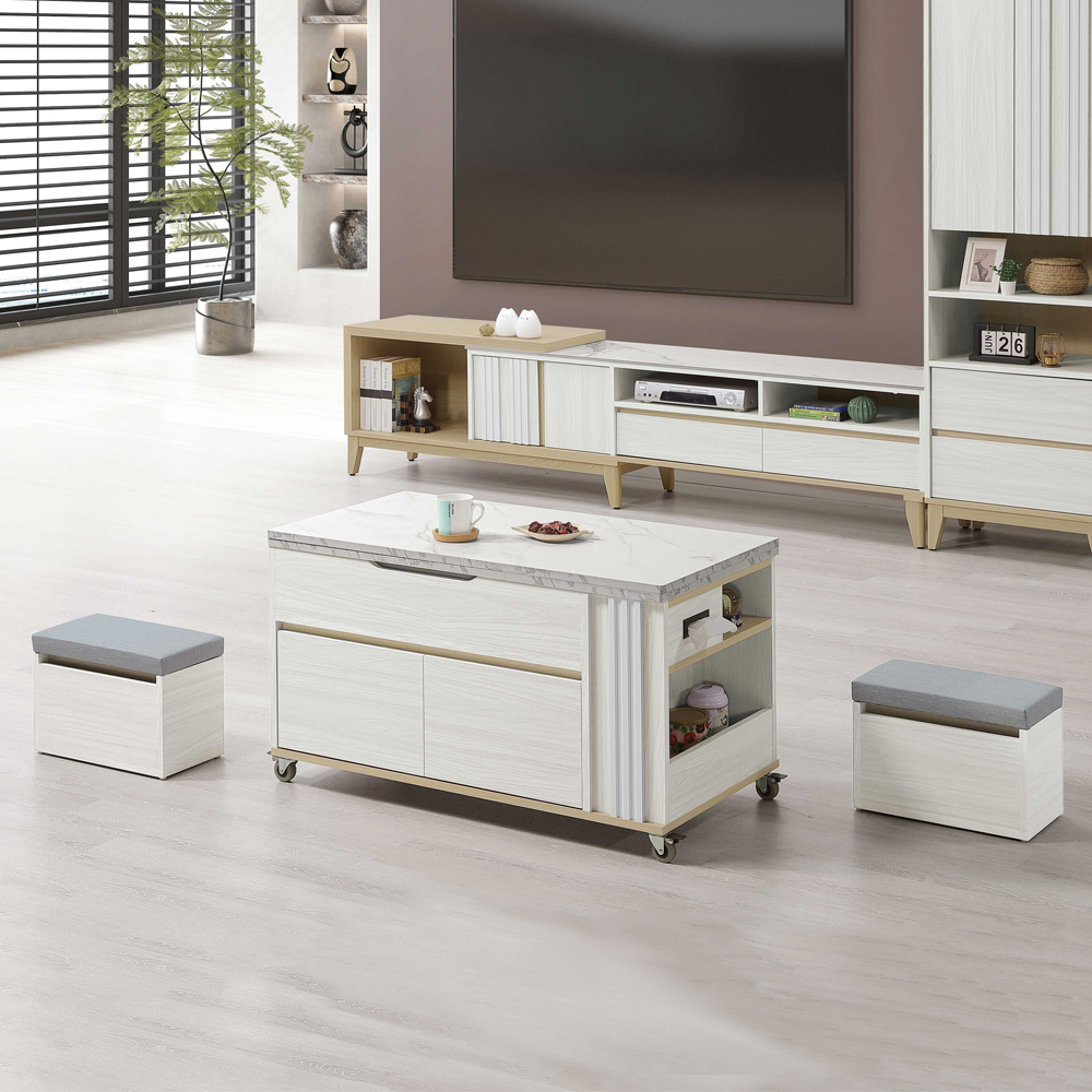 溫尼3.3尺附輪活動式升降功能仿石面大茶几/餐桌-折疊大桌面+附收納小椅凳二入