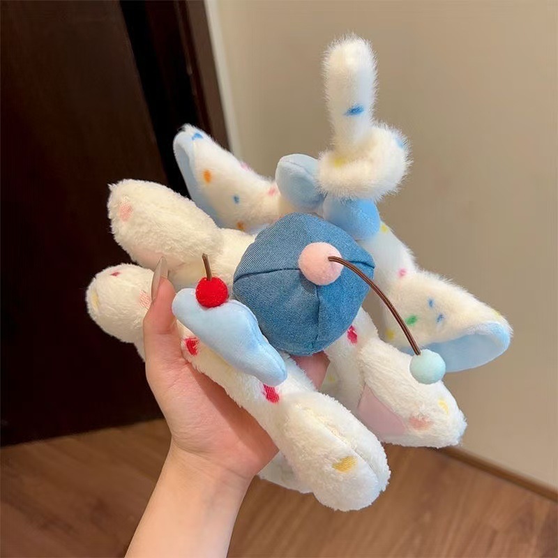 Korean Plush Cat Ears Headband with Blue Dot Accents