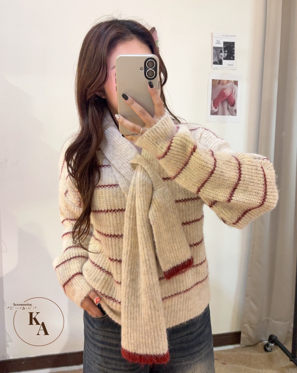 條紋針織V領毛衣