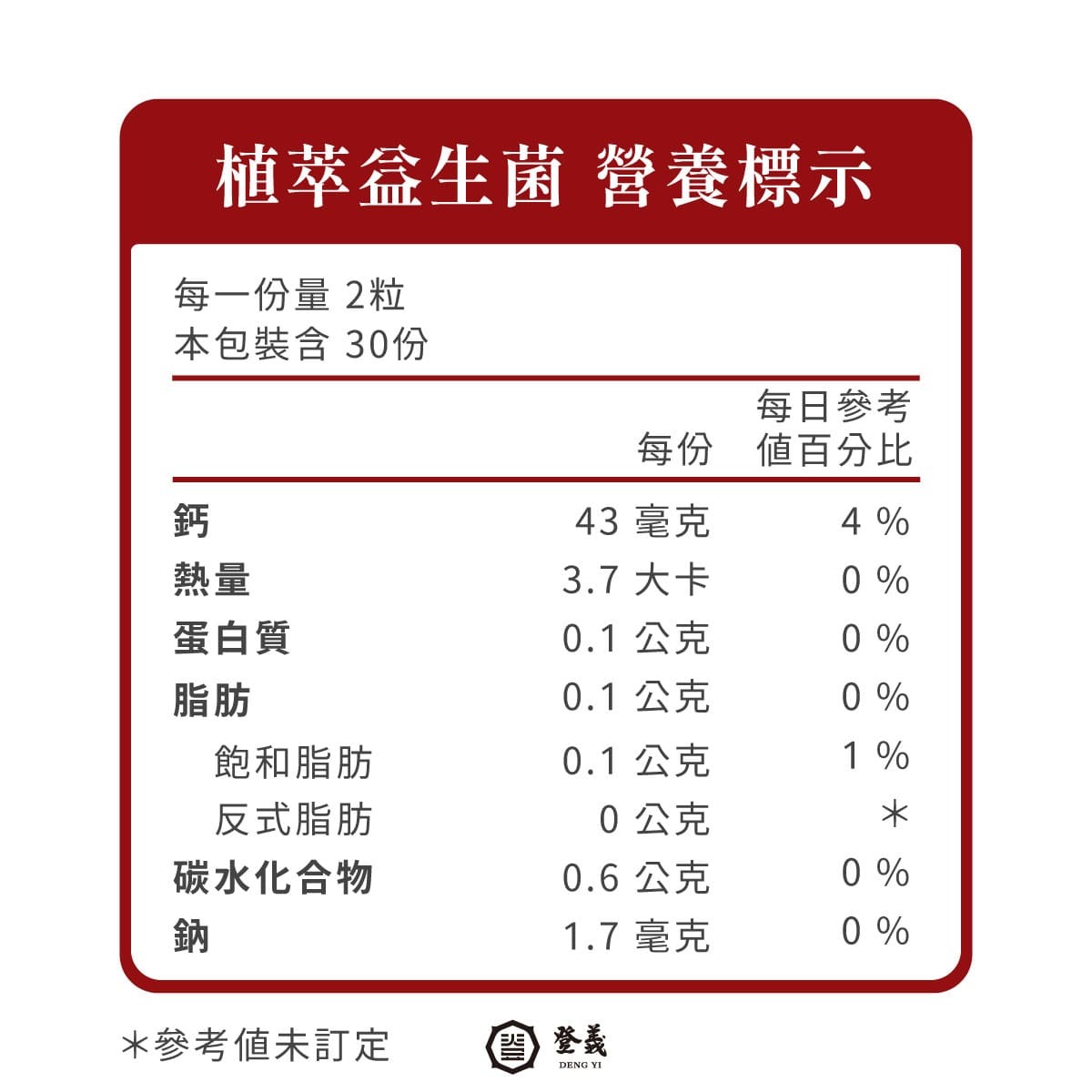 登義植萃益生菌複方膠囊營養標示