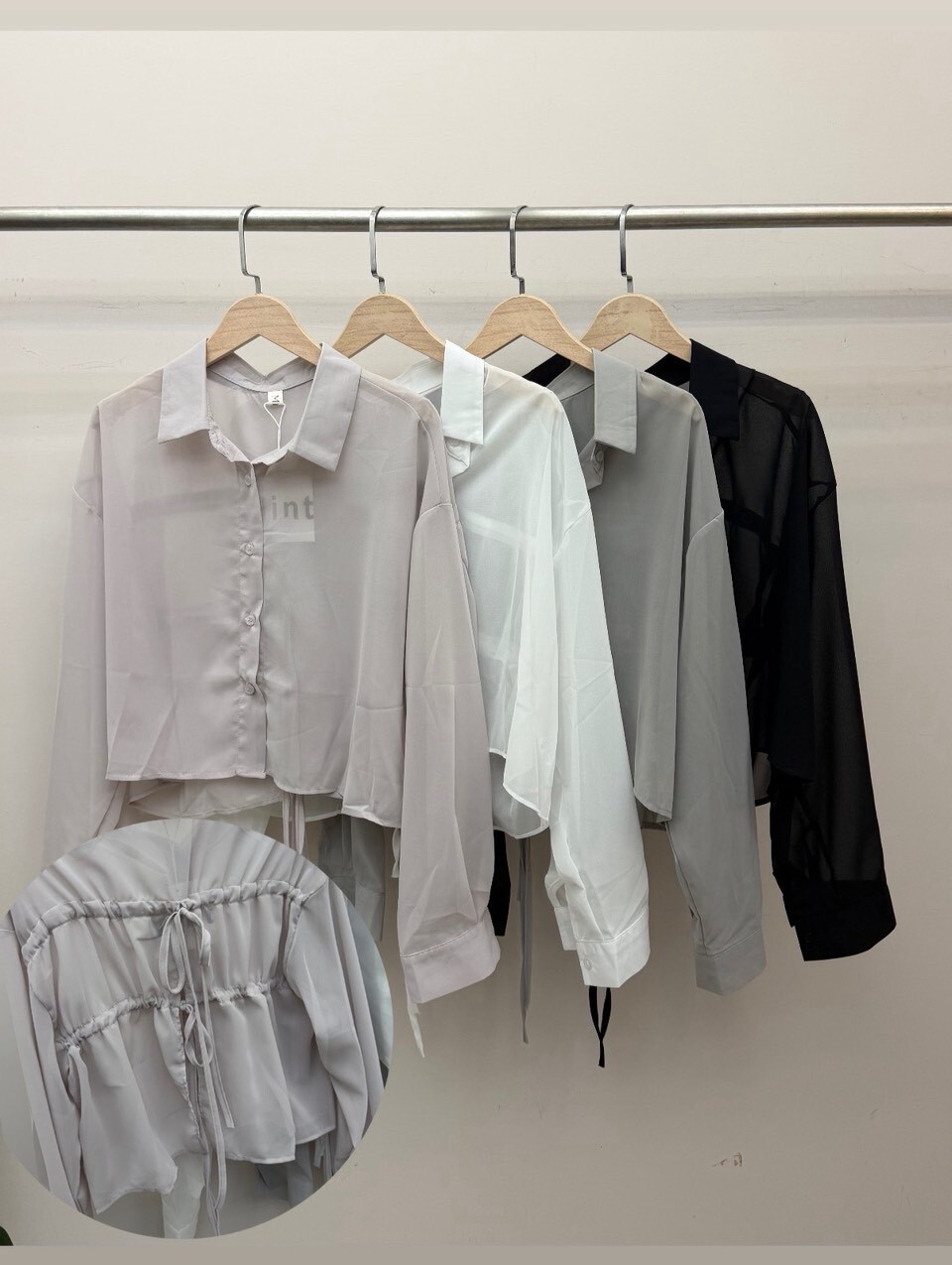 A3339-後綁帶透膚短版襯衫