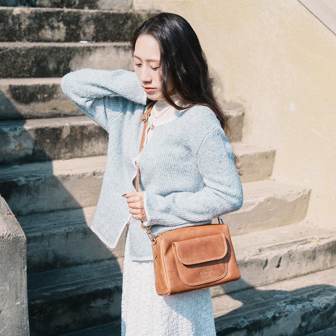 慢棧厚片真皮斜背包-三色(5564)