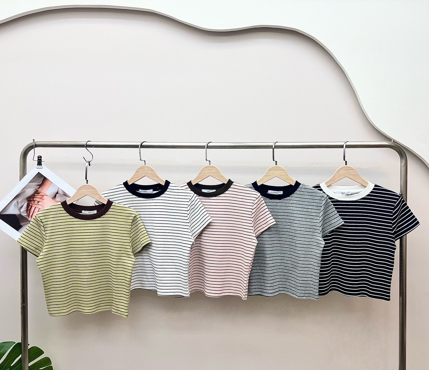 A3350-條紋撞色短版T