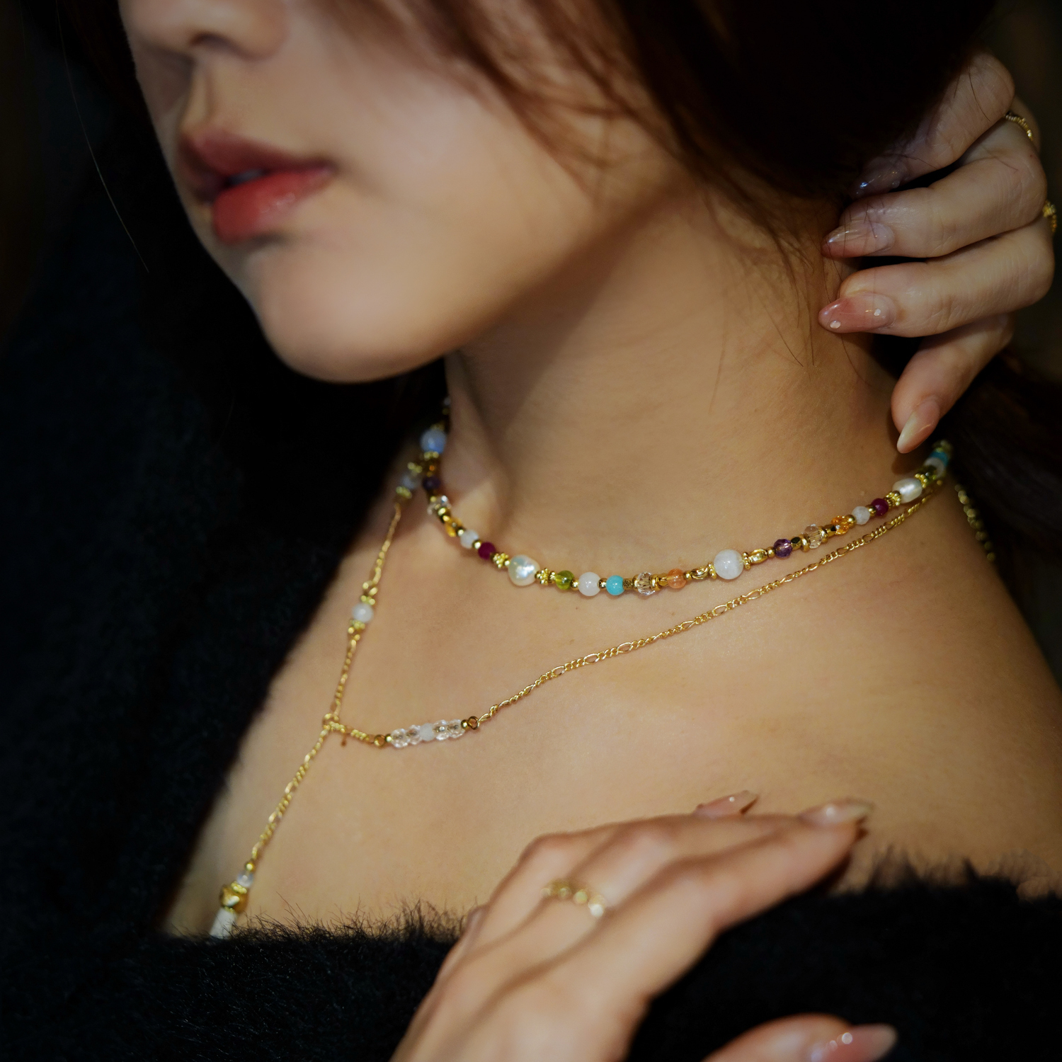 靜謐雲端｜珍珠天河石紅寶石項鍊 N0063