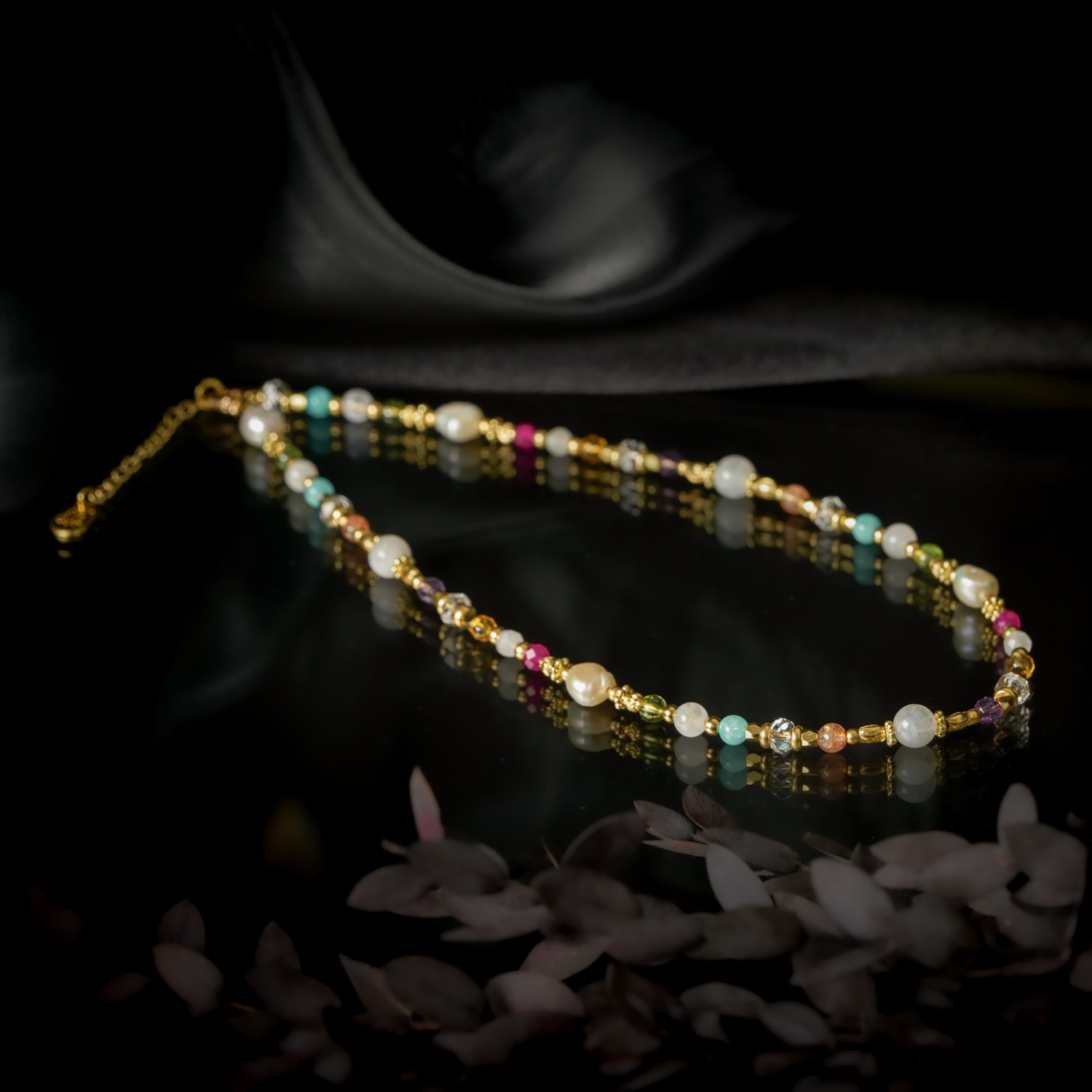 靜謐雲端｜珍珠天河石紅寶石項鍊 N0063