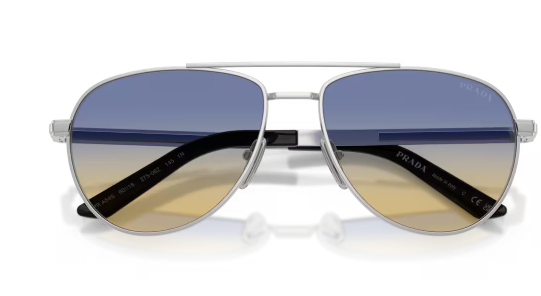 【PRADA】SPR A54S 27506Z-60mm 飛行員太陽眼鏡♣(霧銀 黃深藍漸變鏡片)