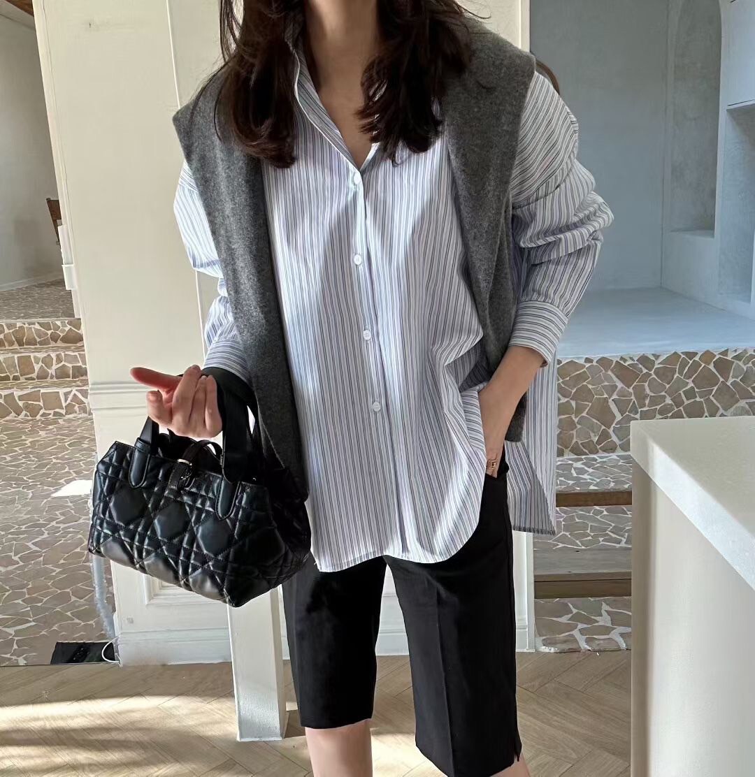 男友風配色直條紋翻領寬鬆感襯衫罩衫 / 2色