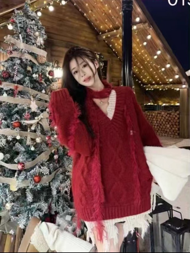 菱格紋紅色V領毛衣