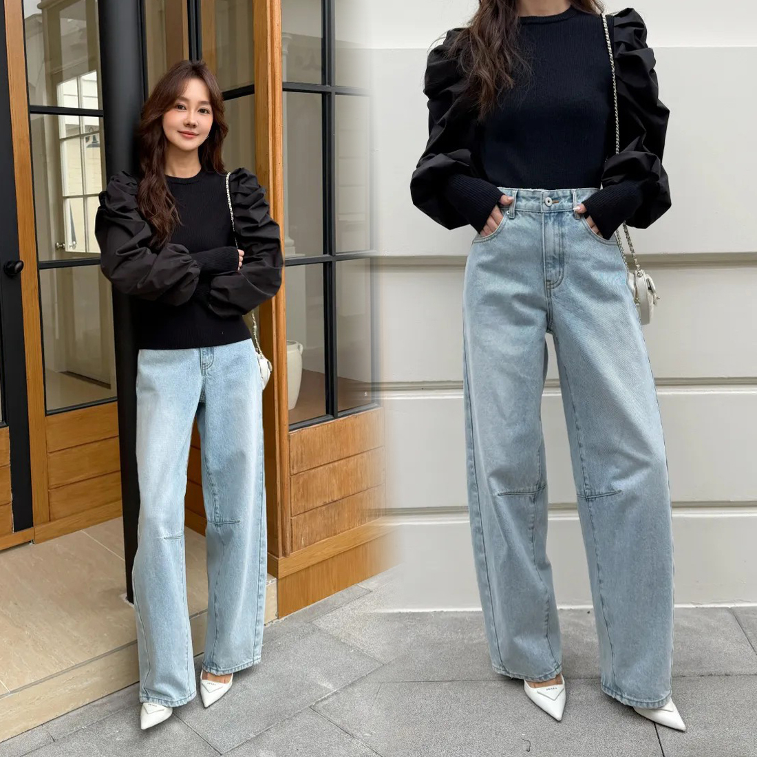 獨特女子膝蓋抓摺感直筒牛仔褲-S-L / 3色 (Elegant & Love)